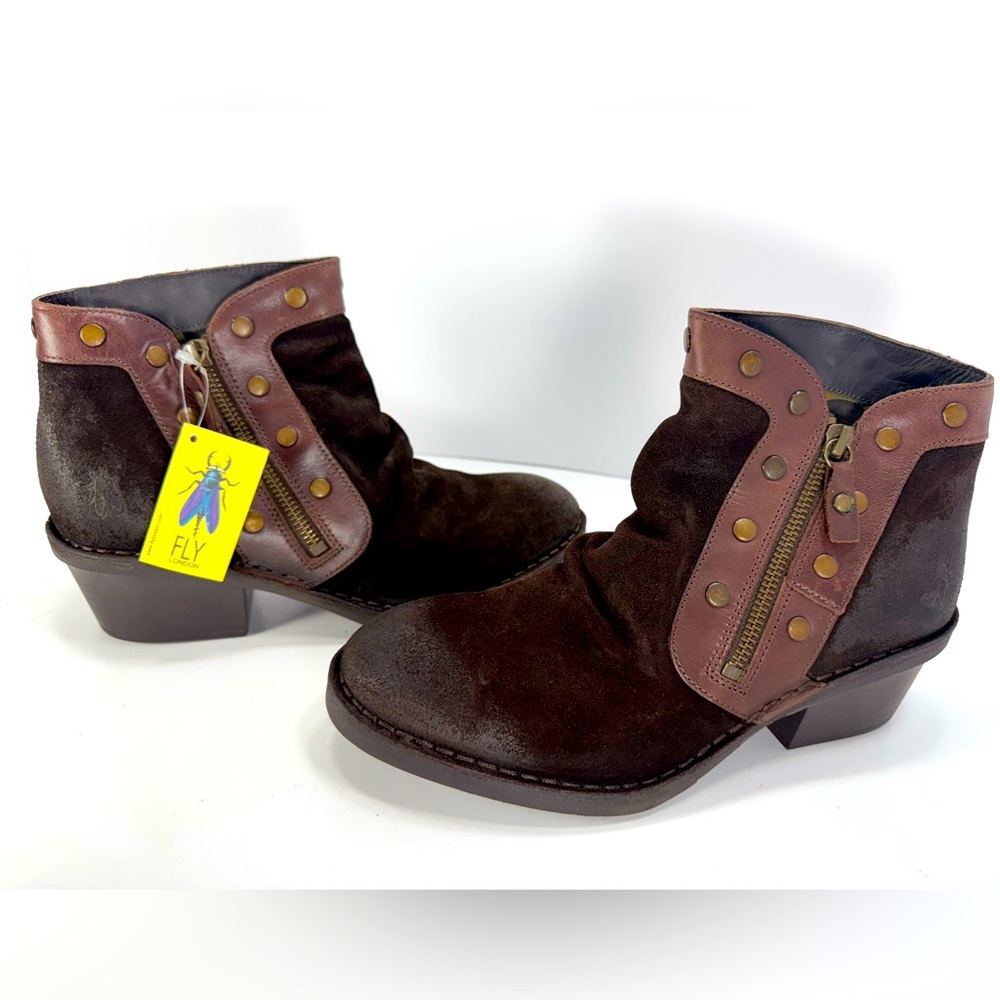 Fly London Duke Women's Dark Brown Ankle Booties with Stud Detailing - Size 9